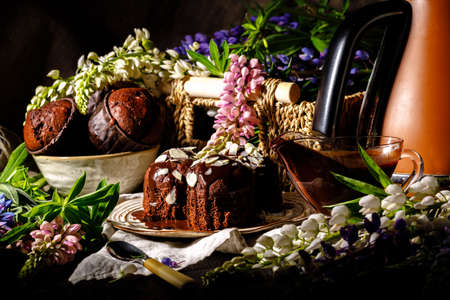Chocolate muffin with crushed nuts / homemadeの写真素材