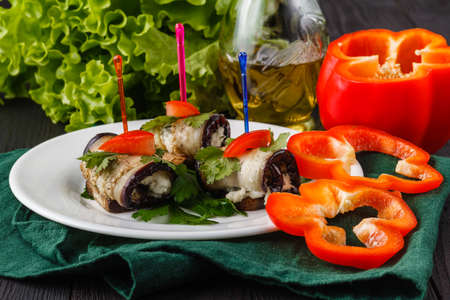 rolls of grilled slices of eggplant with feta cheese and tomato and Tzatziki sauce closeupの写真素材