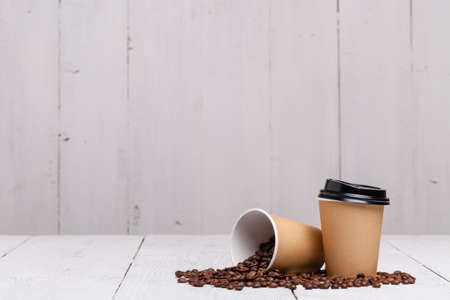 Coffee Cups on wooden tableの写真素材