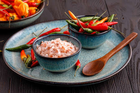 Rose salt and chili papper, asian cousineの写真素材
