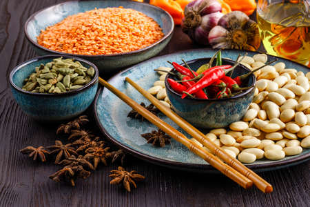 Bowl with red lentils on tableの写真素材