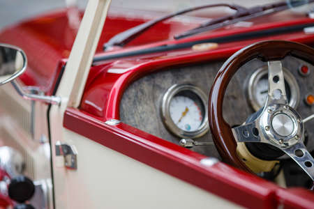 Retro car, retro torpedo car, vintage steering wheel, speedometer