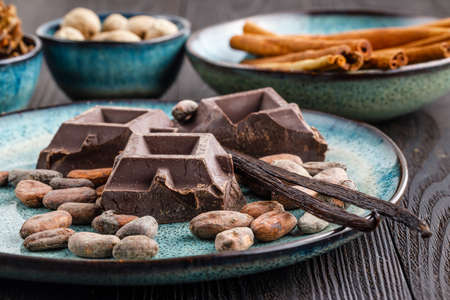 Close up choco beans, vanila stick and chocolateの写真素材
