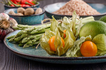 Bunch of fresh green organic asparagus ready for cookingの写真素材