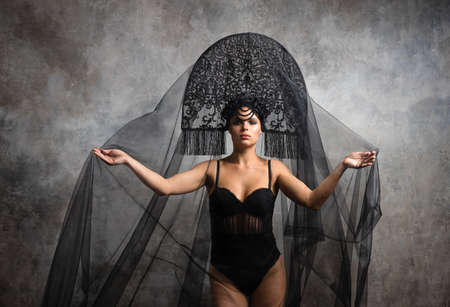 Gorgeous Fashion Brunete Woman In Russian Style Kokoshnik studio fashion shotの写真素材