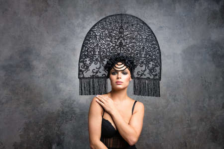 Gorgeous Fashion Brunete Woman In Russian Style Kokoshnik studio fashion shotの写真素材
