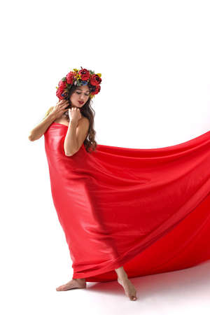 Beautiful girl with butterflies in hair poses in studio isolated on whiteの写真素材