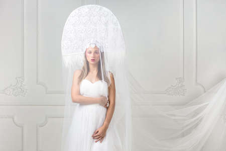 Amazed woman at russian traditional cap hat kokoshnikの写真素材