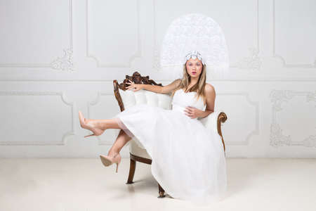 Amazed woman at russian traditional cap hat kokoshnikの写真素材