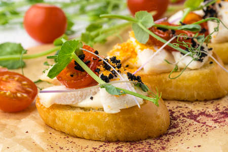 Bruschetta with cheese, cherry tomatoes and herbsの写真素材