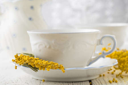 Elegant white porcelain tea set with cups and saucers. Luxury design with porcelain roses.の写真素材