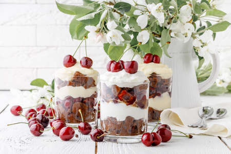 Trifle English cuisine dessert made with cherry fruitの写真素材