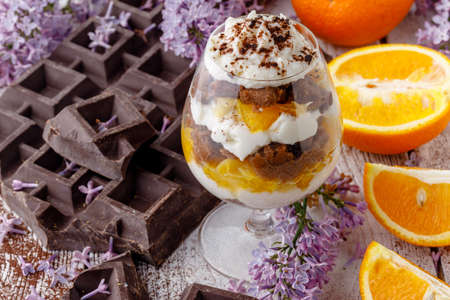 Trifle, English Layered dessert in a glassの写真素材