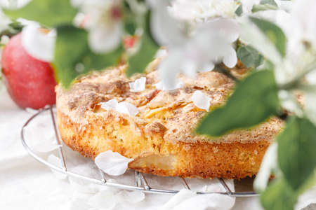Beakfast with apple pie and milkの写真素材