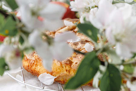 Beakfast with apple pie and milkの写真素材