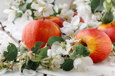 Red apples with flower on tableの写真素材