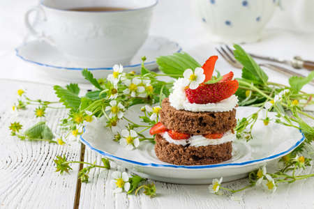 Small tartlets with strawberries and mascarponeの写真素材