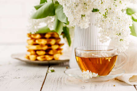 Homemade belgian waffers for breakfast at homeの写真素材