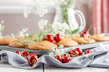 Homemade cherry muffins and fresh cherries on a light background. Delicious dessertの写真素材