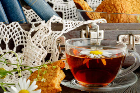 tea for breakfast in retro style with cookies baked at homeの写真素材