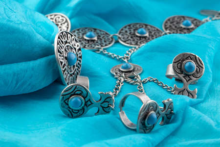 Girl wearing many antique handcrafted Turkish jewelryの写真素材