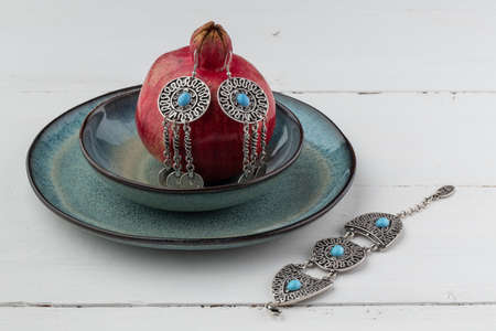 Girl wearing many antique handcrafted Turkish jewelryの写真素材