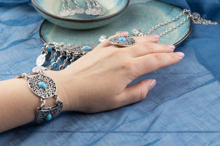 Beautiful Oriental Silver jewelry (Indian, Arab, African, Egyptian). Fashion Exotic Accessories, Asian Silver jewelryの写真素材