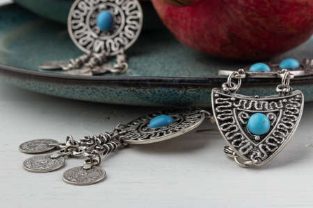 Girl wearing many antique handcrafted Turkish jewelryの写真素材