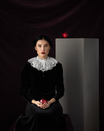Portrait beautiful gothic woman concept. medieval clothes dress. Makeup red lips. Dark mood backgroundの写真素材