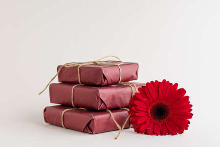 Women's things on a white background. main object is red gerbera flowerの写真素材