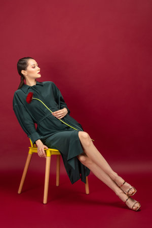 female sitting on chair and holding nice herberaの写真素材
