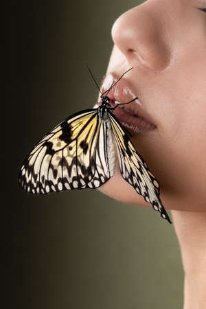 Butterfly on the girl face, green backgroundの写真素材