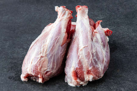 Pork ribs. Raw meat on a gray stne backgroundの写真素材