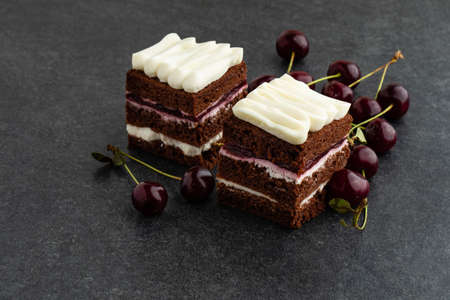 Homemade bakery dark chocolate brownies cake. Delicious bitter sweet and chewy. Brownie is one type of chocolate cake.の写真素材