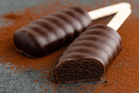 Vegan chocolate cake pops ice creams on the black backgroundの写真素材