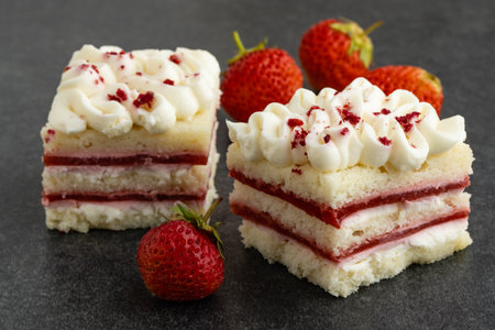 Close up view of piece of strawberry cheescakeの写真素材