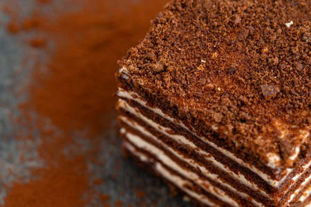 chocolate vanilla cake on gray stoneの写真素材