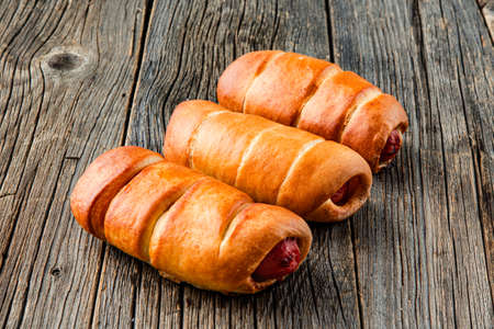 Homemade hotdog on tableの写真素材
