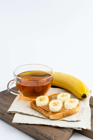 french toasts with caramelized banana for breakfastの写真素材