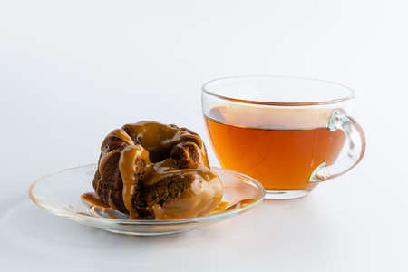 homemade chocolate brownie garnished with caramel for breakfastの写真素材