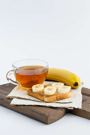 french toasts with caramelized banana for breakfastの写真素材