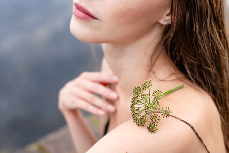 Hand of woman touching blossoming flowersの写真素材