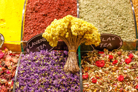 Market with different types of tea , herbs, plants and dried flowerの写真素材