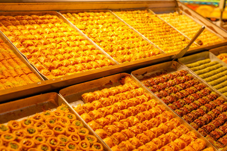 Traditional Turkish dessert baklawa in different flavors and styles in the Egyptian bazaar in Istanbulの写真素材