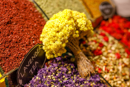 Market with different types of tea , herbs, plants and dried flowerの写真素材