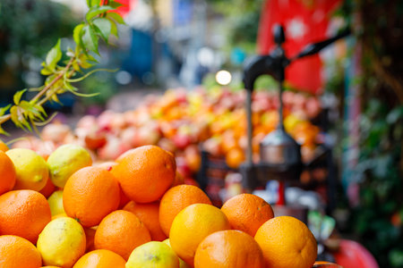 Local fresh juice shop rustic look on street with citrus and pomegranatesの写真素材