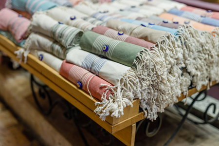 Traditional Turkish towel. Cotton and colorful traditional Turkish towels on the street marketの素材 [FY310193376048]