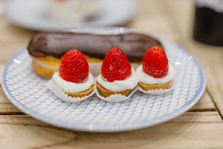 Various types of cakes in a pastry shop for saleの写真素材