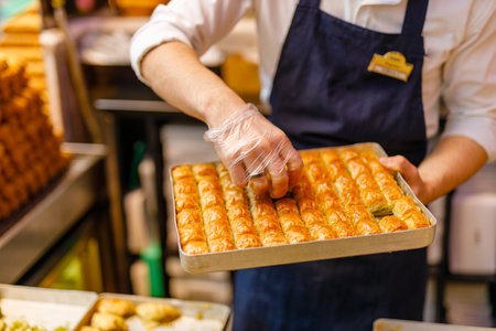 Traditional Turkish dessert Baklava, close-up trays of delicious baklava displayed in showcase of baklavalari shopの写真素材