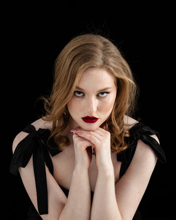 Beauty theme portrait of a beautiful young girl model with freckles on her face in a black dress on a dark background in the studioの写真素材
